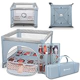 LIONELO LENE Baby Laufstall, Kinderbett, Reisebett ab Geburt bis 15 kg, Seiteneingang, Sicherungssystem LockGuard, Blockade der Räder, Tragetasche, zusammenklappbar