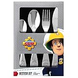 Feuerwehrmann Sam Kinderbesteck, 4-teiliges Besteckset mit Messer, Gabel, Suppenlöffel und Dessertlöffel, Essbesteck mit Prägung aus rostfreiem Edelstahl
