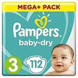 Pampers Baby-Dry Windeln Größe 3 (6–10 kg), Luftkanäle für atmungsaktive Trockenheit die ganze Nacht, Mega plus Pack, 1er Pack (1 x 112 Stück)