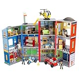 KidKraft 63239 Everyday Heroes Kinder-Spielset aus Holz mit Feuerwehrauto, Polizei, Hubschrauber und Spielfiguren