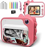 KinderKamera,DigitalKamera Sofortbildkamera Print 1080P 2.4 Zoll Bildschirm Videokamera Schwarzweiß Fotokamera mit 32GB Speicherkarte,3 Rollen Druckpapier,5 Farben Pinselstift Geschenk für Kinder