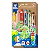 STAEDTLER 3in1 Buntstift Noris junior (Bunt-, Wachsmal- und Aquarellstift, extra bruchsicher, ideal für Kinder, für viele Oberflächen, Kartonetui mit 6 Farben inkl. Spitzer), 140 C6