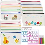 Cieex 15 Stück DIY Stoff Federmäppchen Blanko Kinder, Federmäppchen zum Bemalen, Mäppchen zum bemalen, Stoffbeutel Reißverschluss Blanko mit 6 Buntstift und 8 Pcs Malen Schimmel (21 x 12 cm)