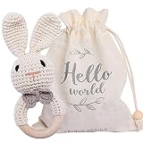 Youuys Babyrassel Gehäkelte Beißring Holz Greifling Baby Rassel Beißring mit Sound für Neugeborenes Baby Geschenk Junge und Mädchen Geschenk zur Geburt (Hase)