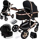KESSER® Loops 3 in 1 Kinderwagen Kombikinderwagen komplettset incl. Babywanne & Buggy Sportsitz & Auto-Babyschale - Voll-Gummireifen - Wickeltasche/Regenschutz/Kindertisch Set, Schwarz/Champagne