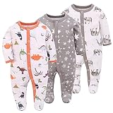 3PCS Baby Schlafstrampler Babychlafanzug Babyschlafsack Baumwolle mit Füßen mit knöpfen Gr. 56 62 68 für Junge Mädchen Neugborenen (Elefant+Stern+Dinosaurier, 62, Numeric_62)