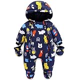 JiAmy Baby Winter Overall Mit Kapuze Schneeanzüge mit Handschuhen und Füßlinge Mädchen Jungen Warm Kleidungsset Marineblau 9-12 Monate
