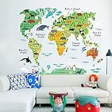 WandSticker4U®- Wandtattoo WELTKARTE Kinder I Wandbilder: 100x80 cm I Wandaufkleber Landkarte bunt Tiere Kontinente Ozean World Map Atlas Geographie Erdkunde I Deko für Kinderzimmer Jungenzimmer GROSS