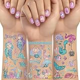 LEADTEAM Meerjungfrau Tattoo Kinder, 12 Blätter Glitzer Tattoo Set Sticker Klebetattoos Kinder Mädchen Hautfreundlich, Meerjungfrauen Party Kindergeburtstag Geburtstag Mitgebsel Deko Spielzeug
