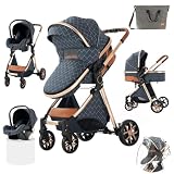 Prokoke Kinderwagen 3 in 1, Buggy mit Umkehrbarem Zwei-Wege-Schub, Kinderwagen Rahmen Aluminiumlegierung, Kombikinderwagen 3 in 1 Einem Klick Faltbar Baby Kleinkind Neugeborene (225 Denim Blue)