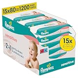 Pampers Sensitive Baby-Feuchttücher, 15 Packungen mit 80 Feuchttüchern,1200 Baby-Feuchttücher, 2-in-1 sanfte Reinigung & Hautschutz