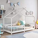 DuraB Kinderbett,Schönes Hausbett,Vollholz mit Zaun und Lattenrost, mit Rausfallschutz für Kinder- und Jugendzimmer (Weiß, 90 X 200 cm)