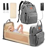Yoofoss Baby Wickelrucksack Wickeltasche Rucksack mit mobiler Wickelauflage Wasserdichter Babyrucksack Große Kapazität Reiserucksack mit USB Anschluss Grau