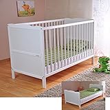 Marsell Baby Gitterbett - Babybett und Kinderbett mit Aloe Vera Schaumstoffmatratze - Zahnschienen und höhenverstellbar - Weiß, umbaubar zum Juniorbett