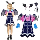 Amycute Fledermaus Kostüm mit Flügeln, Halloween Vampir für Mädchen Kinder, lila Kleid, Kinderkostüm Fledermausflügel, Spielzeug & Geschenke für Kindergeburtstag, Halloween, Karneva (110)