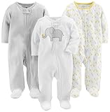 Simple Joys by Carter's Baby Mädchen Baumwoll-Strampler mit Fuß, 3er-Pack, Hellgrau Ministreifen/Weiß Elefant/Giraffe, 0-3 Monate