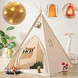 Tiny Land Tipi Zelt für Kinder mit Lichtern & Lagerfeuer Spielzeug & Tragetasche, Waschbar Kinderzelt für Drinnen, Tipi Zelt Kinderzimmer, Spielzelt für Mädchen & Jungen,Spielzeug für 3~5 Jahre