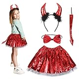 Fennoral 4-teiliges Halloween Teufel Kinderkostüm Set Horn Haarreif Fliege Schwanz Rot Tutu Mädchen Cosplay Zubehör für Halloweenparty Maskerade Karneval Fasching