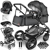 KIDUKU® 3 in 1 Kinderwagen Komplettset | Kombikinderwagen Set inkl. Babywanne & Buggy Sportsitz & Auto-Babyschale Fußsack | Vollgummireifen Wickeltasche Handwärmer Tragekorb Regenschutz Kindertisch