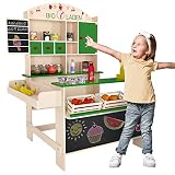 froggy Kaufmannsladen aus Holz für Kinder | Bioladen mit vielen Fächern und Ablagen | Große Kreidetafeln | Kaufladen, Verkaufsstand | Natürliches Design, Grüne Details