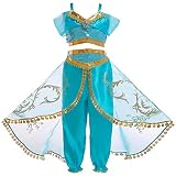 FYMNSI Mädchen Aladdins Göttin Jasmin Kostüm Prinzessin Karneval Cosplay Weihnachten Halloween Party Verkleidung Kinder Blau Pailletten Bauchfrei Top Hose Set Klassisch Ankleiden Outfit 7-8 Jahre