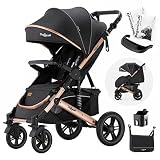 Daliya® Rapidy Buggy Kinderwagen 0-36 Monate Sportwagen mit Liegeposition Wickeltasche, Winterfußsack, Ess- & Spieltisch und mehr (Schwarz - Gold)
