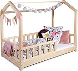 Sanmar Kinderbett Bett Hausbett 120x200 mit Rausfallschutz Latternost Bettgestell aus Kiefer Holz für Haus Kinder Jungen & Mädchen - Holzbett Baby Kinderzimmer Junge Deko (Rausfallschutz: MIT)