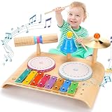 Sweet time Kinder Trommel Set, Musikinstrumente Kinder Spieltisch Baby Spielzeug Musik Schlagzeug für Kleinkinder, Holz Spielzeug Baby Musikspielzeug Lernspielzeug für Jungen Mädchen ab 3+ Jahren