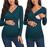 Love2Mi Stillshirt Langarm Stillkleidung Umstandsshirt Schwangerschaft T-Shirt Nursing Umstandstop Pfauenblau L