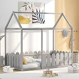 Stilvolles Einzelbett 80 x 160 cm mit Rausfallschutz Hausbett Holz Kinderbett, Grau