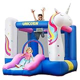 COSTWAY Aufblasbare Hüpfburg Einhorn mit Rutsche, Kinder Springburg Hüpfschloss Spielburg inkl. Tragetasche, Pfähle, Reparaturset 270x200x196cm