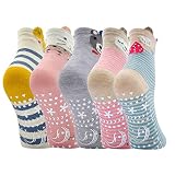 ZFSOCK Antirutschsocken Kinder Stoppersocken Baumwolle: ABS Haussocken Lustige Bunte Tiermuster Knöchelsocken Mädchen Strümpfe mit Noppen Größe 31-34, 8-11 Jahre Alt 5 Paare