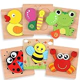 OleOletOy Holzpuzzle für Kinder - 6 STK. Steckpuzzle Pädagogisches Spielzeug mit Aufbewahrungstasche für Baby - Puzzlespiel Set Geschenk Bunte Tierpuzzle (Tier Puzzles)