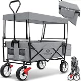 KESSER® Bollerwagen faltbar mit Dach Handwagen Transportkarre Gerätewagen | inkl. 2 Netztaschen und Einer Außentasche | Mit Vorderrad-Bremse | klappbar | Vollgummi-Reifen | bis 100 kg Tragkraft Grau