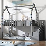 LTGB Hochbett mit Treppe & Schubladen, Etagenbett Stockbett für 2 Kinder mit Rausfallschutz und Lattenrost, Massivholz Kinderbett, Jugendbett, Doppelbett Hausbett, 90x200, Grau