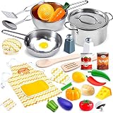 JOYIN Küchenspielzeug Kinder Küche Spielzeug mit Edelstahl Kochgeschirr Töpfe und Pfannen Set, Schürze, Kochmütze und Lebensmittel für Kinder, Mädchen und Jungen, Kinderküche Geschenk