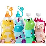 ChooMee Wiederverwendbare Quetschbeutel + 2 SoftSip Silikonaufsätze – BPA-frei, auslaufsicher, Quetschbeutel für Pürees, Smoothies & Babynahrung für kleine Kinder, 4 Stück, 5 oz