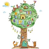 WandSticker4U®- XL Aquarell Wandsticker BAUMHAUS I Wandbilder: 65x120 cm I Baby Wandtattoo Kinder-zimmer Baum Dschungel Wald-tiere Fuchs Bär I Wand Deko Aufkleber für Mädchen & Junge GROß