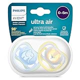 Philips AVENT Ultra Air Schnuller, 2er-Pack – BPA-freier Schnuller für Babys von 0 bis 6 Monaten, Elefant/Löwe (Modell SCF085/01)