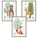 HappyWords® 3er Bilder Set - DIN A4 ohne Bilderrahmen | Bilder für Kinderzimmer & Bilder Babyzimmer | Junge Mädchen Baby | Kinder-Poster | Tiere Kinderbilder Kinderzimmer | (3er Set Waldtiere Retro)