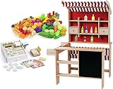 LEOMARK Kaufladen aus Holz - SUPERMARKET - inklusive Kaufladenzubehör, Verkaufsstand mit Verkaufsregal, Frontablage und Tafel und Zubehör + Essen eingestellt Gemüse und Obst 98 Elemente + hölzerne Registrierkasse für Kinder