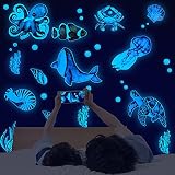 MVKV 4 Blätter Glow in The Dark Ocean Fish Wandtattoos, Glowing The Sea Wandtattoos Sea Life Tiere Wandaufkleber, Klebstoff Glühende Meeresschildkröte Quallen Fisch Wandaufkleber für Kinder Dekoration