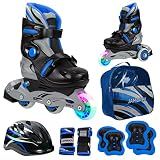 JAMBACH Inline-Skates für Kinder Inliner verstellbar mit Helm und Schoner blinkende Rolle für Anfänger umrüstbar auf Triskates Rollschuhe für Mädchen Jungen mitwachsende Größen (XS (26-29), blau)