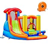 COSTWAY Aufblasbare Hüpfburg + 450W Gebläse Kombination mit Rutsche Wasserbecken, Springburg Hüpfschloss Outdoor Bouncer Spielpool Luftgebläse inkl. Tragetasche, Pfähle, Reparaturpaket 274x320x213cm