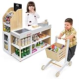 GOPLUS Kaufladen mit Einkaufswagen, Supermarkt Holz, Kaufmannsladen mit Tafel & Registrierkasse, inkl. Scanner & Kartenlesegerät & Kreditkarte & Münzen, Rollenspiele für Kinder ab 3 Jahren (Modell 1)