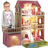 Kinderplay Puppenhaus Holz Gross, Puppenvilla, Puppenhaus Holz Groß komplett - Barbie Traumvilla, Barbie Puppenhaus, Led - Licht und Zubehör, Set 90 cm Hoch mit Terrasse, Garage, GS0020