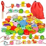 Montessori Spielzeug ab 3 Jahre Mädchen,Holzspielzeug Fädelspiel Geschenk Motorikspielzeug ab 3 4 5 Jahr Madchen Jungen Baby Spielzeug Kinderspielzeug holzperlen für 3 Jahren Kinder Madchen Geschenke