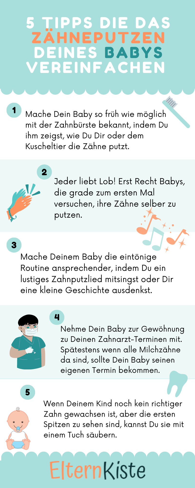 5 Tipps für das Zähneputzen bei Babys Infografik mit Tipps zum Zähneputzen bei Babys