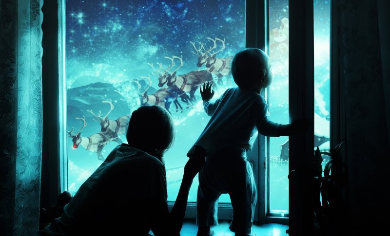 Kinder-Weihnachtsbuch Fantasie Kind schaut durch ein Fenster auf Rentiere